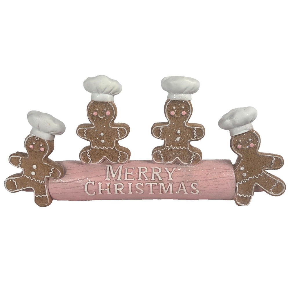 Christmas Gingerbread Rolling Pin Decor Pink Kitchen Merry Christmas 11.5 Inch